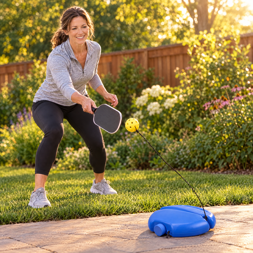 Woman practicing pickleball in her backyard with the solo trainer