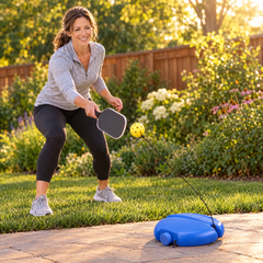 Woman practicing pickleball in her backyard with the solo trainer