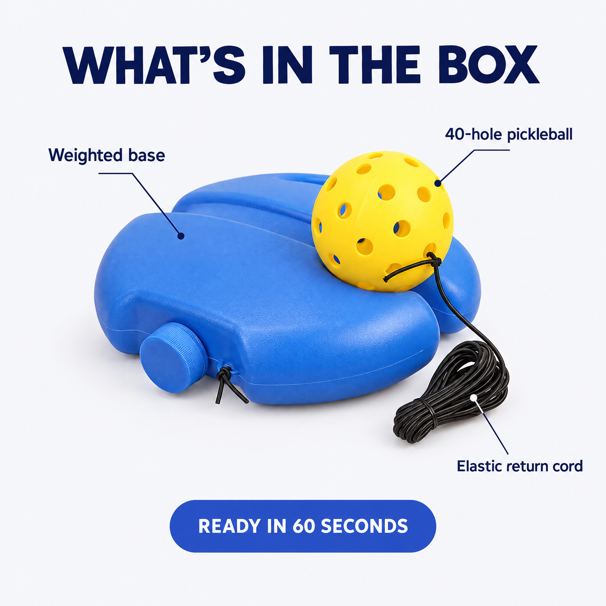 What's in the box: weighted base, elastic return cord and 40-hole pickleball