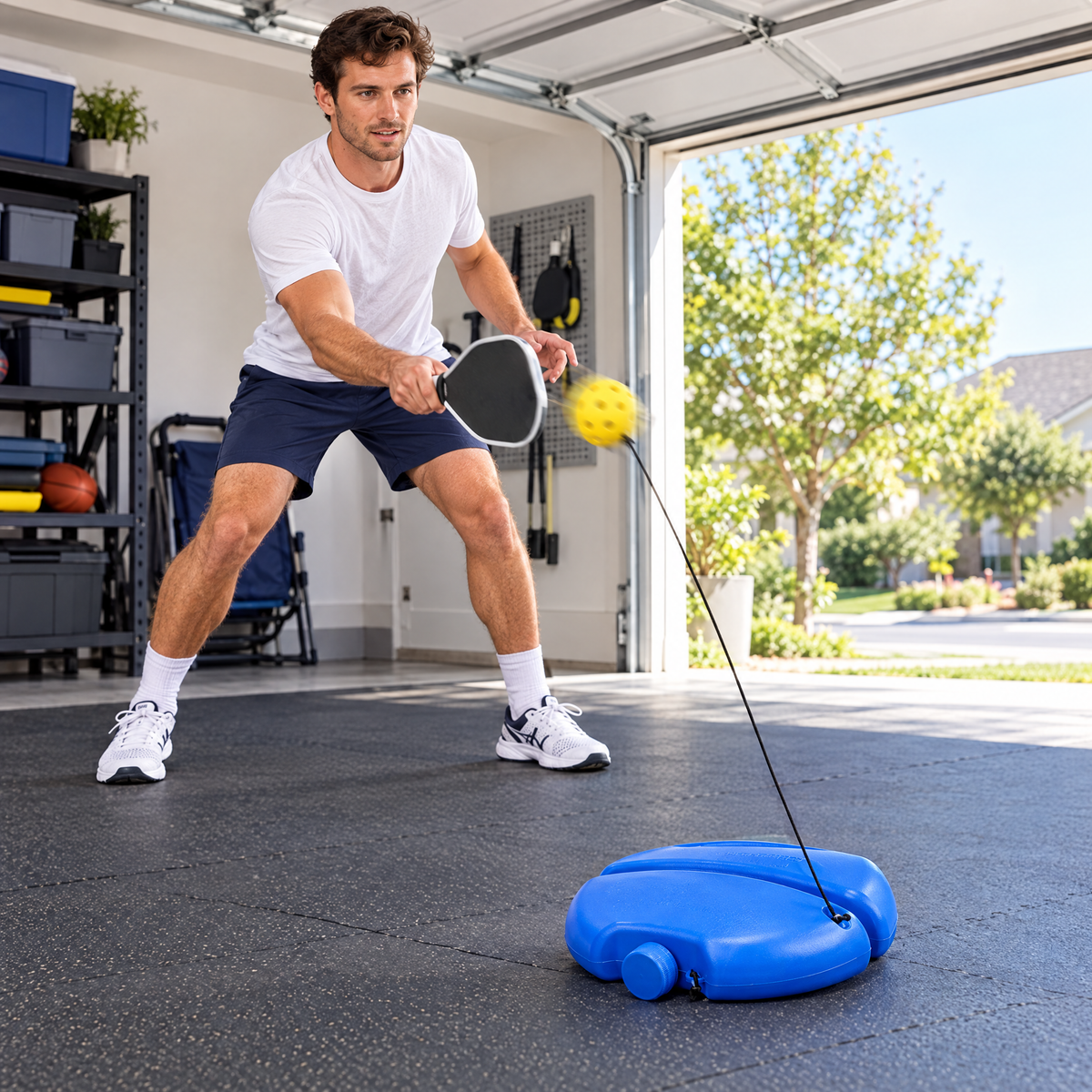 Man practicing pickleball volleys in his garage with the solo trainer