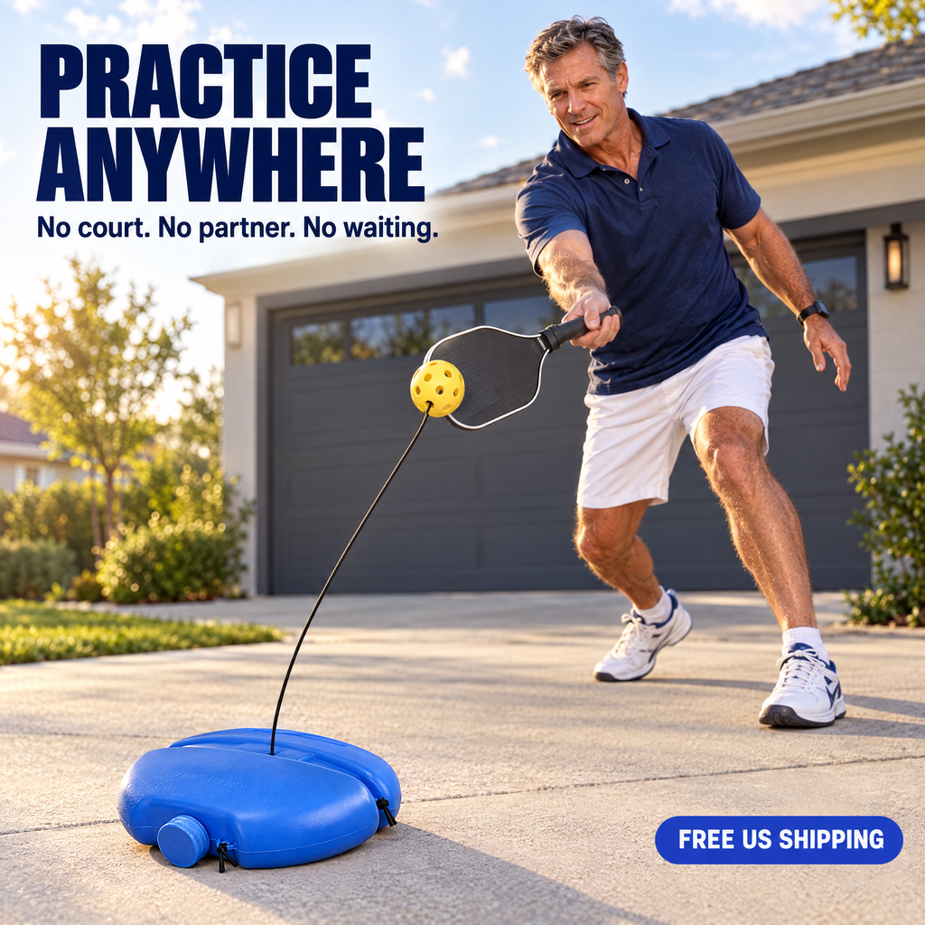 Man practicing pickleball on his driveway with the GoldenPaddle solo trainer